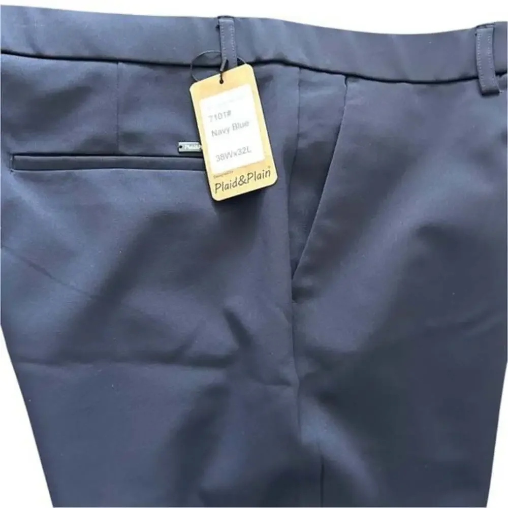 Plaid&Plain Men's Stretch Dress Pants Slim Fit Skinny Navy Blue 38Wx32L